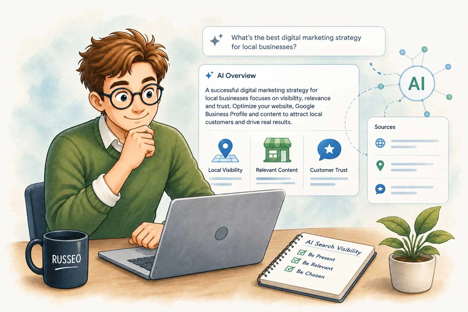 AI Search Visibility illustration showing a specialist reviewing an AI Overview with local visibility, relevant content and customer trust signals